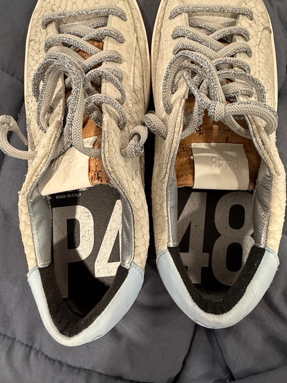 P448 Off-White Snake-Texture Low Top Sneakers with Silver Laces